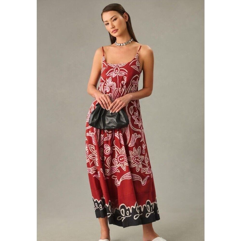 NWT Anthropologie Square-Neck Pleated Dress Size Large Red Printed  Size Small